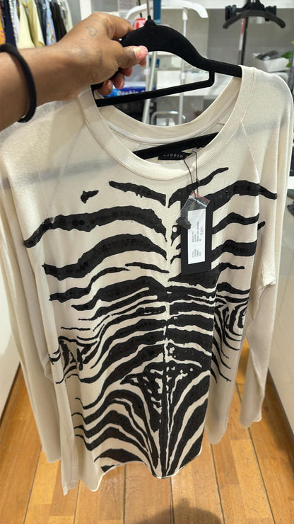 Christine supplier photo - Rocco Tee front on hanger, zebra sequin stripes, swing tag visible (photo 29)