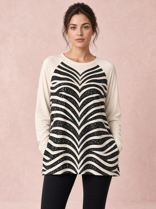Studio Adine Rocco Tee - Oyster Zebra Sequin - front view