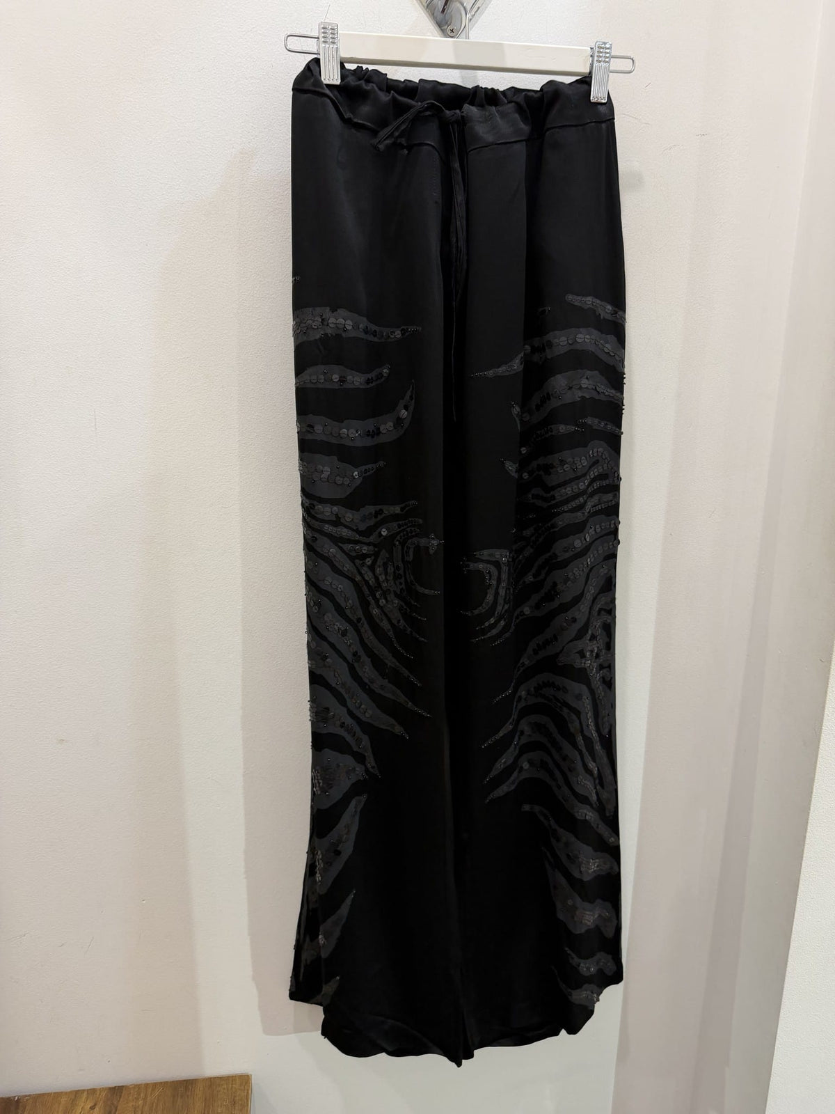 Black pant with tonal sequin zebra stripes - front