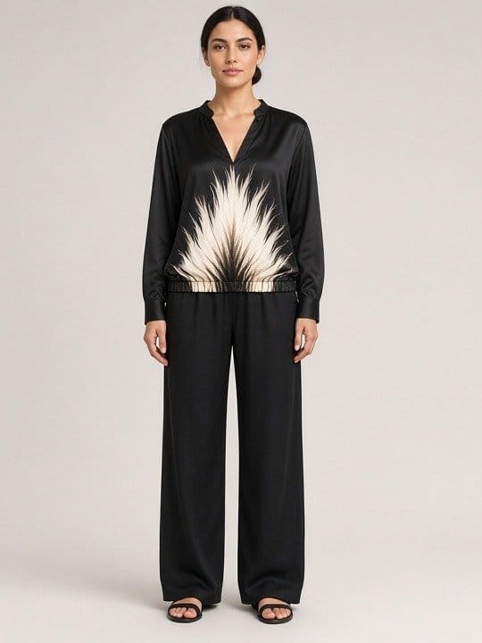 Studio Adine Silu Crop Blouse - Black/Cream Tie Dye - front view