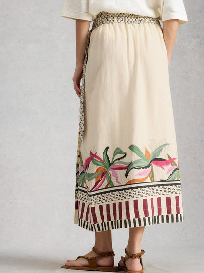 White Stuff Alba Linen Blend Wrap Skirt in natural print, back view - Pinkhill Darwin