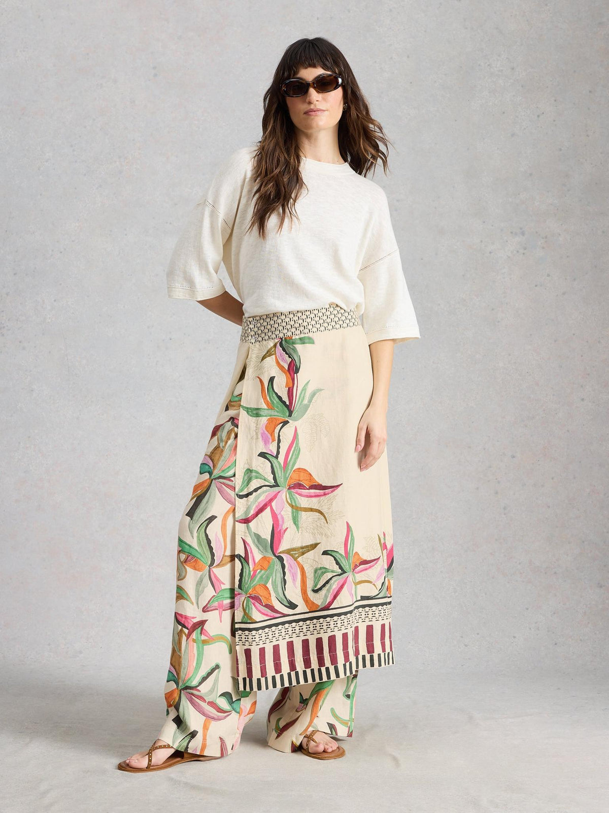 White Stuff Alba Linen Blend Wrap Skirt in natural print, front view - Pinkhill Darwin