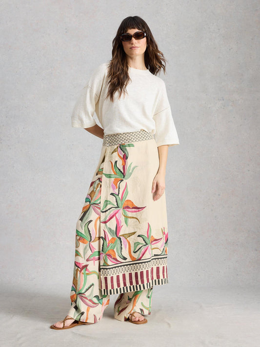 White Stuff Alba Linen Blend Wrap Skirt in natural print, front view - Pinkhill Darwin