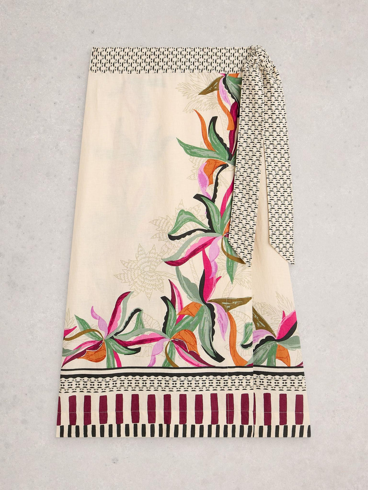 White Stuff Alba Linen Blend Wrap Skirt in natural print, flat front view - Pinkhill Darwin