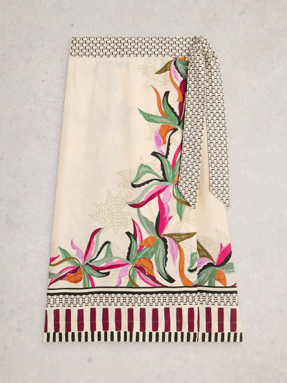 White Stuff Alba Linen Blend Wrap Skirt in natural print, flat front view - Pinkhill Darwin