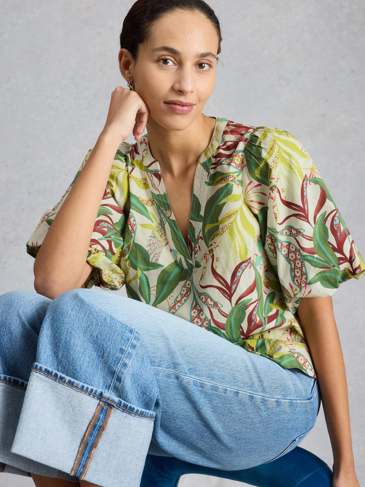 White Stuff Bex Cotton Top in ivory print, front view - Pinkhill Darwin