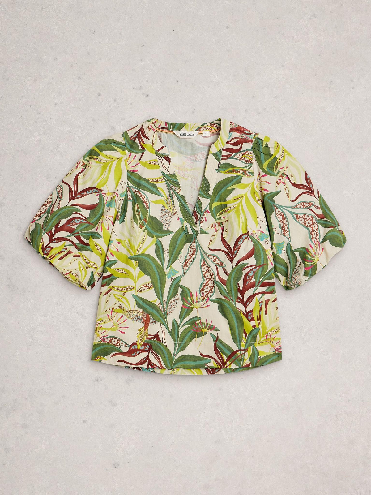 White Stuff Bex Cotton Top in ivory print, flat front view - Pinkhill Darwin