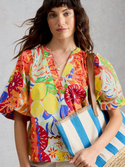 White Stuff Bex Cotton Top, close detail of the puffed sleeve and tropical print - Pinkhill Darwin