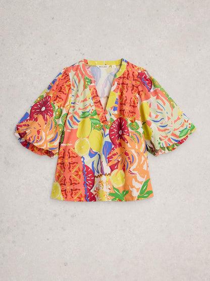 White Stuff Bex Cotton Top in yellow multi, flat front view - Pinkhill Darwin