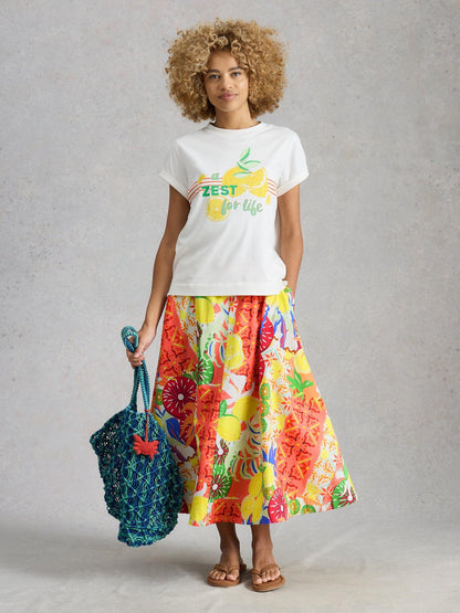 White Stuff Darcie Midi Skirt in yellow multi, front view - Pinkhill Darwin