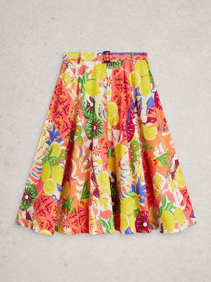 White Stuff Darcie Midi Skirt in yellow multi, flat front view - Pinkhill Darwin