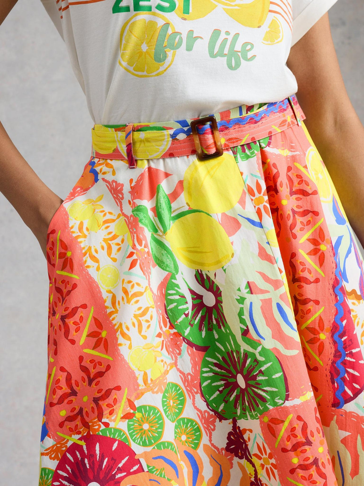 White Stuff Darcie Midi Skirt, close detail of the statement print and belt - Pinkhill Darwin