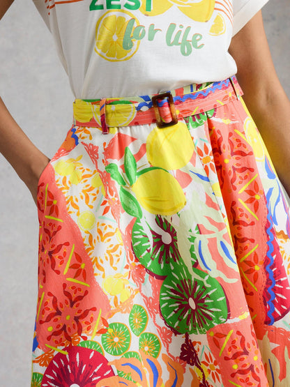 White Stuff Darcie Midi Skirt, close detail of the statement print and belt - Pinkhill Darwin