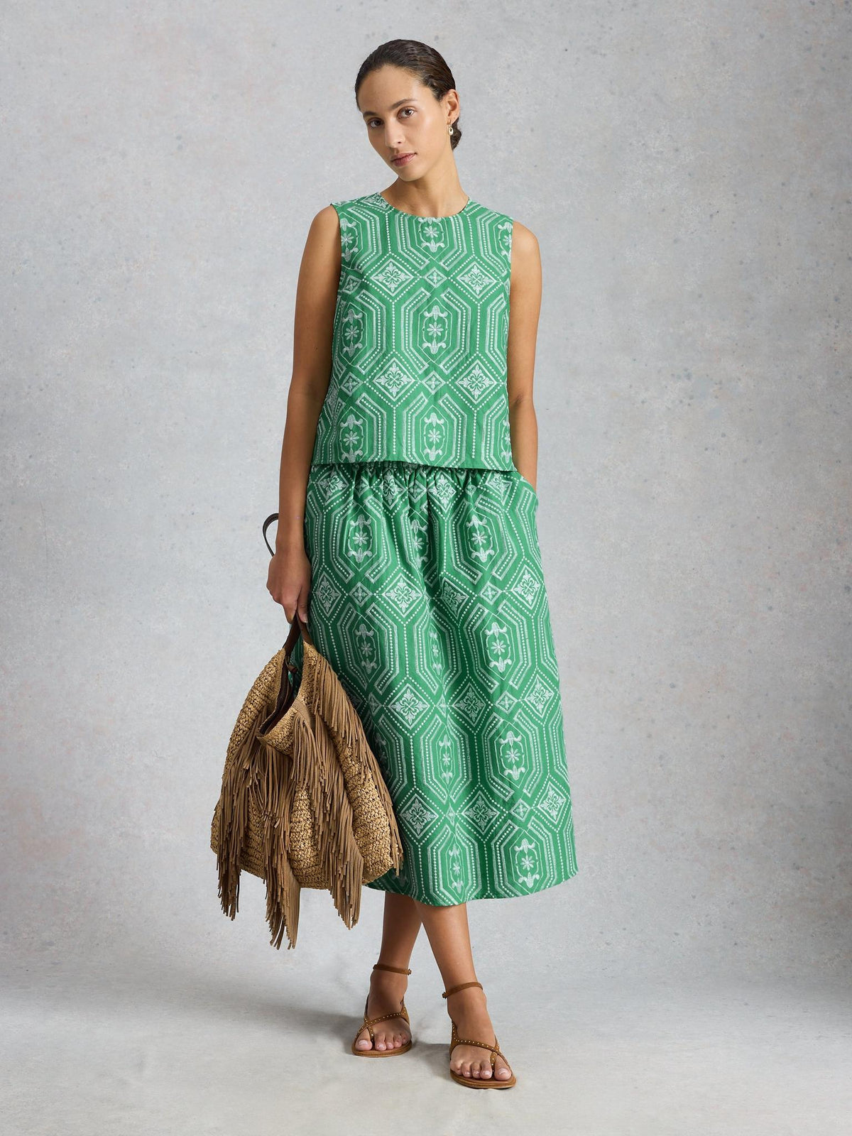 White Stuff Hallie Embroidered Midi Skirt in green multi, front view - Pinkhill Darwin