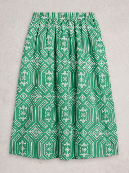 White Stuff Hallie Embroidered Midi Skirt in green multi, flat front view - Pinkhill Darwin