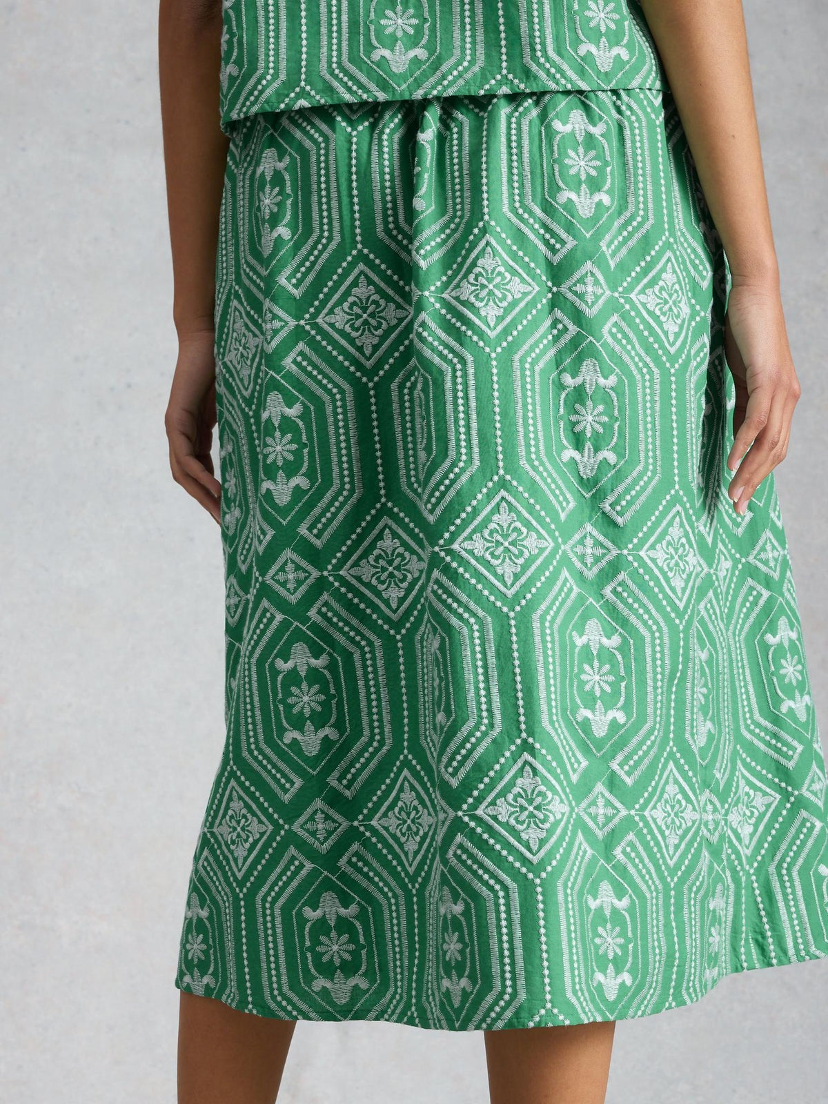 White Stuff Hallie Embroidered Midi Skirt in green multi, back view - Pinkhill Darwin