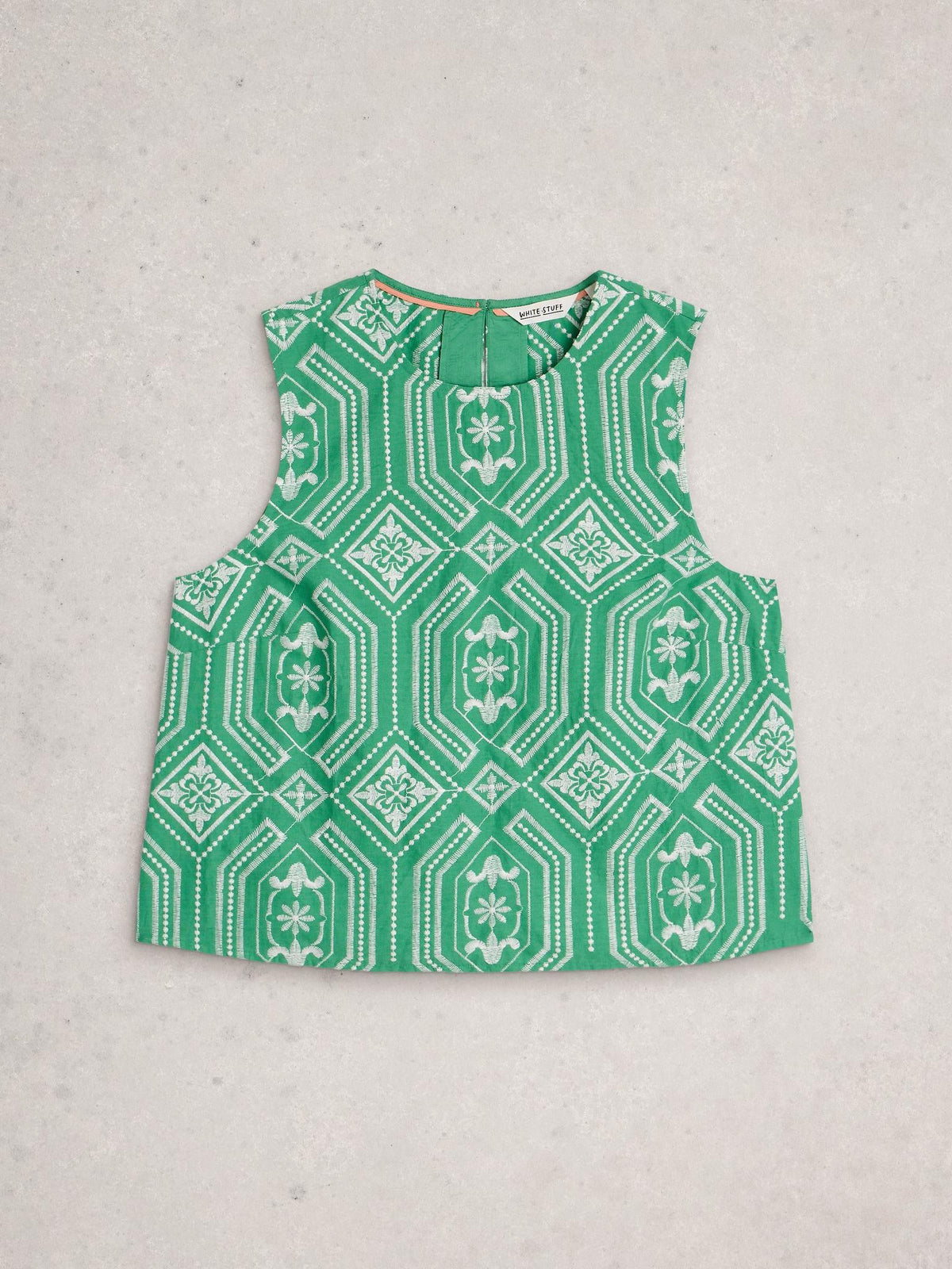 White Stuff Hallie Embroidered Top in green multi, flat front view - Pinkhill Darwin