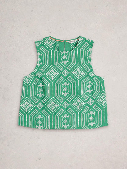White Stuff Hallie Embroidered Top in green multi, flat front view - Pinkhill Darwin