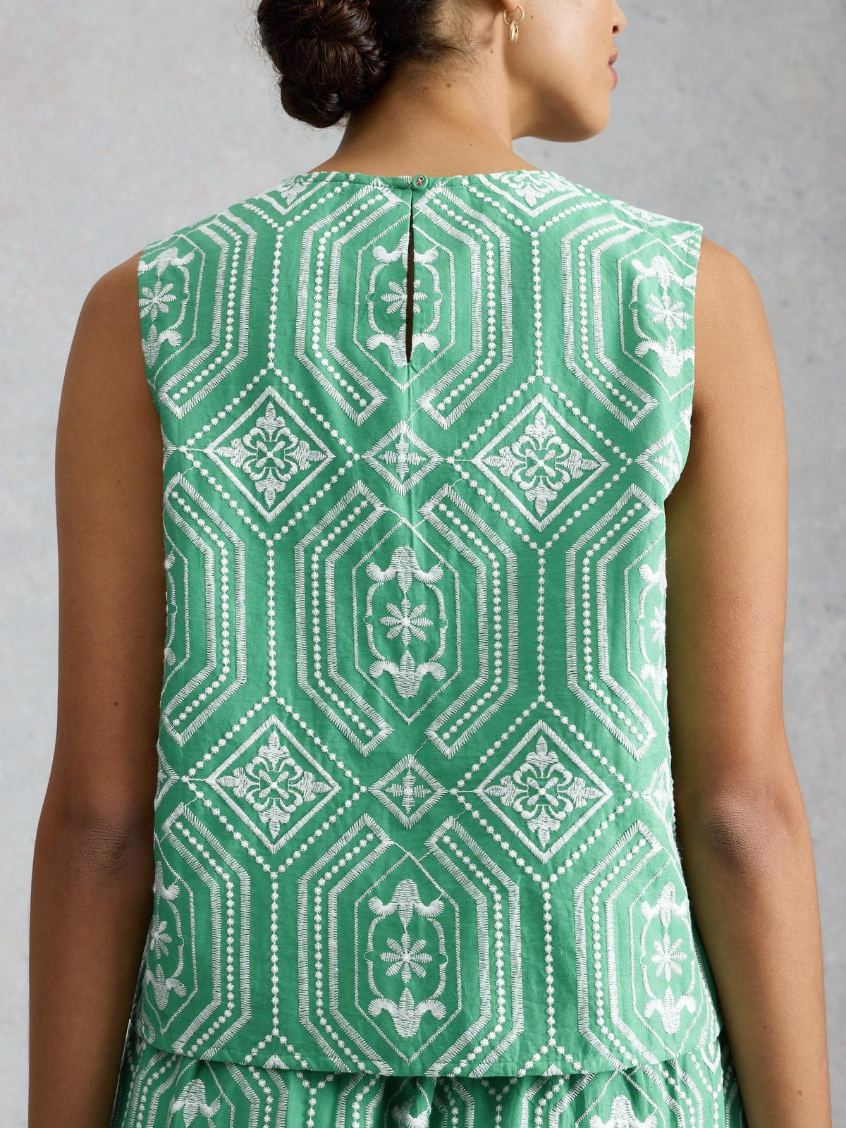 White Stuff Hallie Embroidered Top in green multi, back view - Pinkhill Darwin