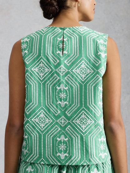 White Stuff Hallie Embroidered Top in green multi, back view - Pinkhill Darwin