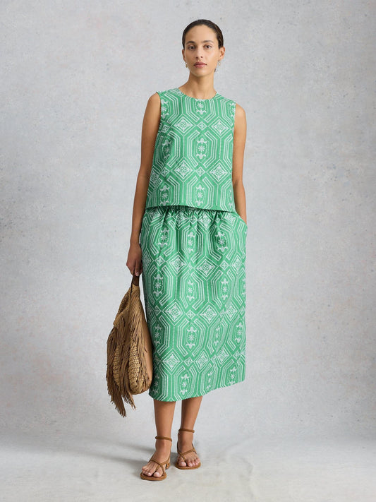 White Stuff Hallie Embroidered Top in green multi, front view - Pinkhill Darwin