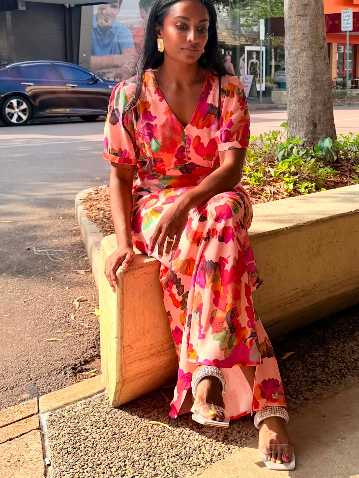 Hope bias cut dress in pink floral print