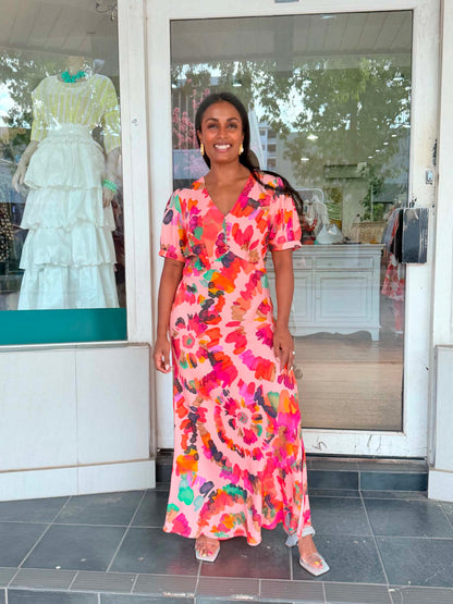 Hope bias cut dress in pink floral print