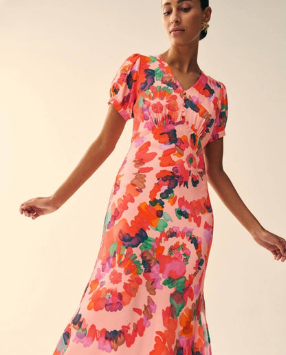 Hope bias cut dress in pink floral print
