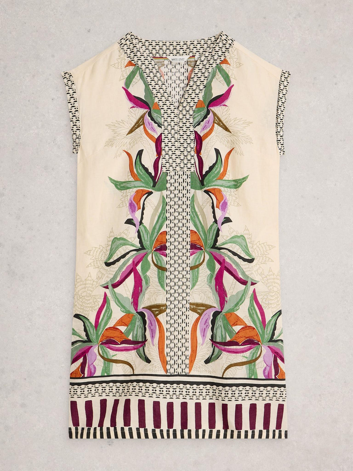 White Stuff Jilly Linen Dress in natural print, flat front view - Pinkhill Darwin