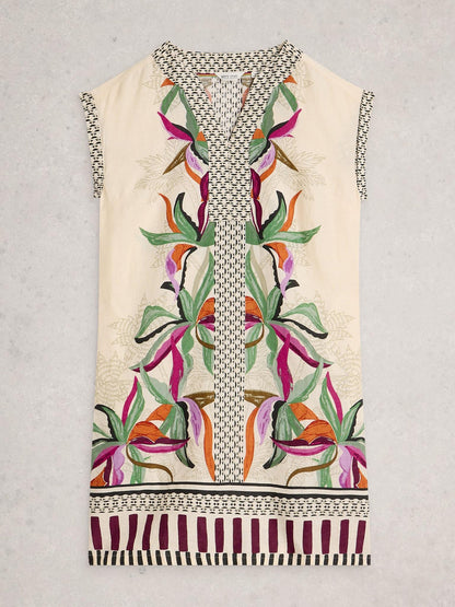 White Stuff Jilly Linen Dress in natural print, flat front view - Pinkhill Darwin