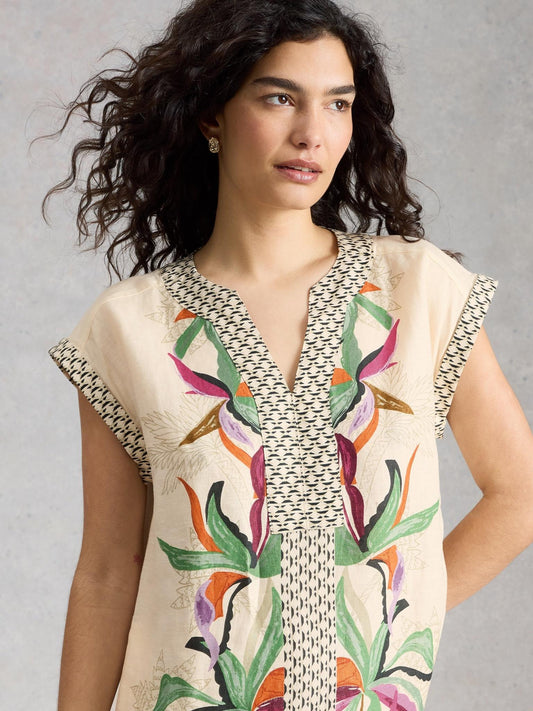 White Stuff Jilly Linen Dress in natural print, front view - Pinkhill Darwin