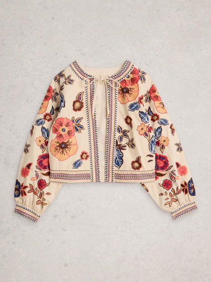 White Stuff Jolie Embroidered Jacket in ivory multi, flat front view - Pinkhill Darwin