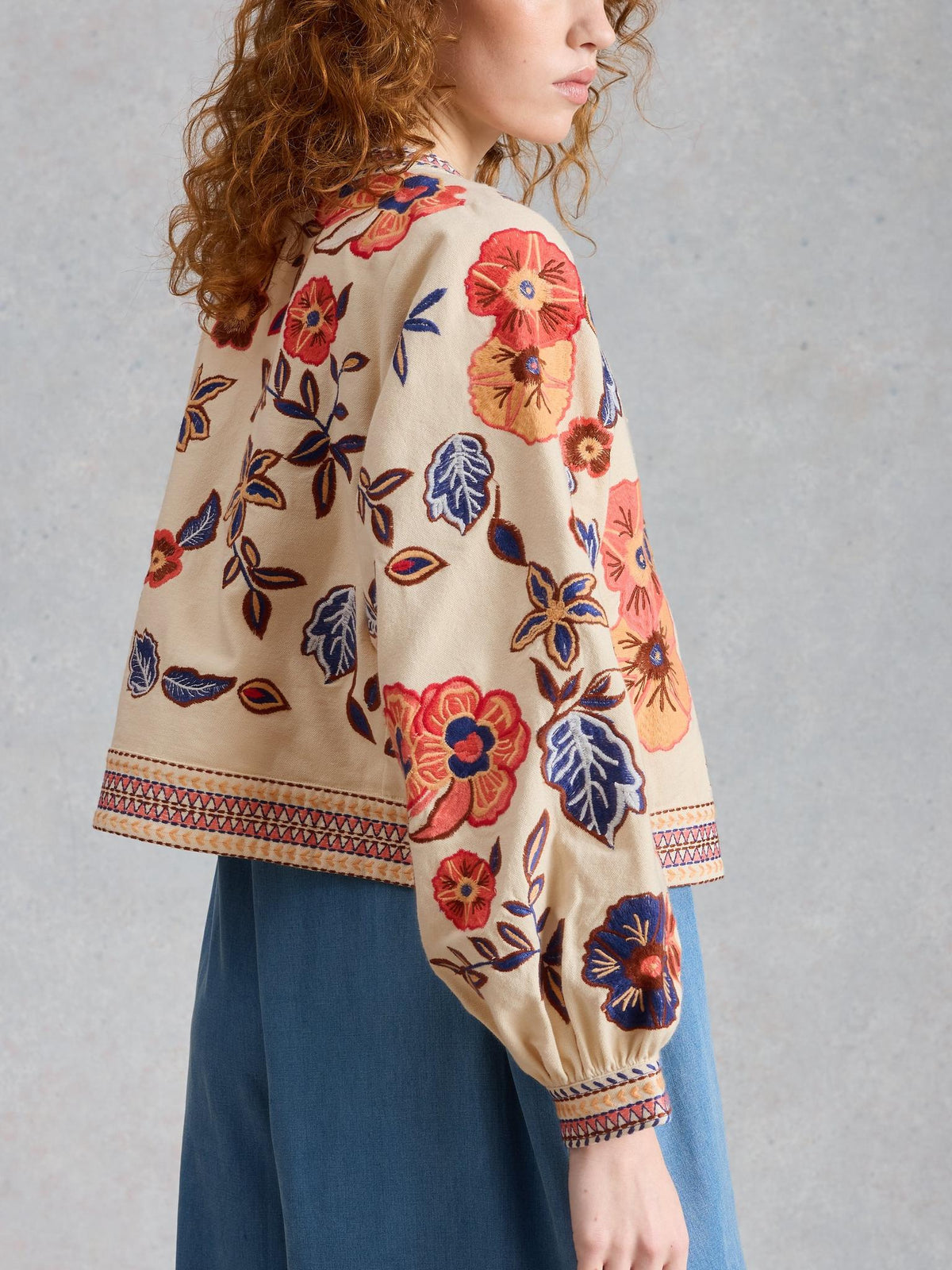 White Stuff Jolie Embroidered Jacket in ivory multi, back view - Pinkhill Darwin