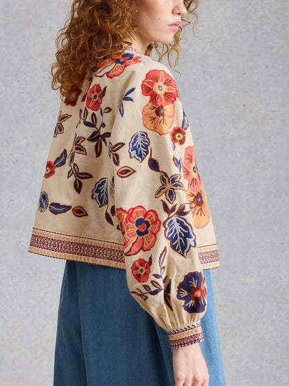 White Stuff Jolie Embroidered Jacket in ivory multi, back view - Pinkhill Darwin