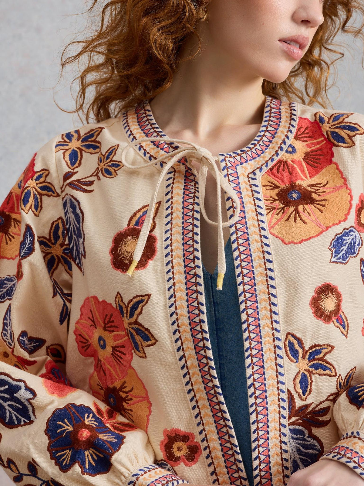 White Stuff Jolie Embroidered Jacket, close detail of the all-over embroidery - Pinkhill Darwin