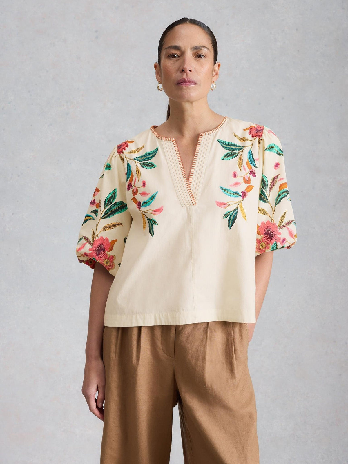 White Stuff Maeve Embroidered Top, close detail of the tropical flower and bird embroidery - Pinkhill Darwin