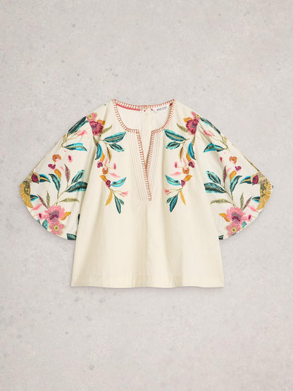 White Stuff Maeve Embroidered Top in ivory multi, flat front view - Pinkhill Darwin