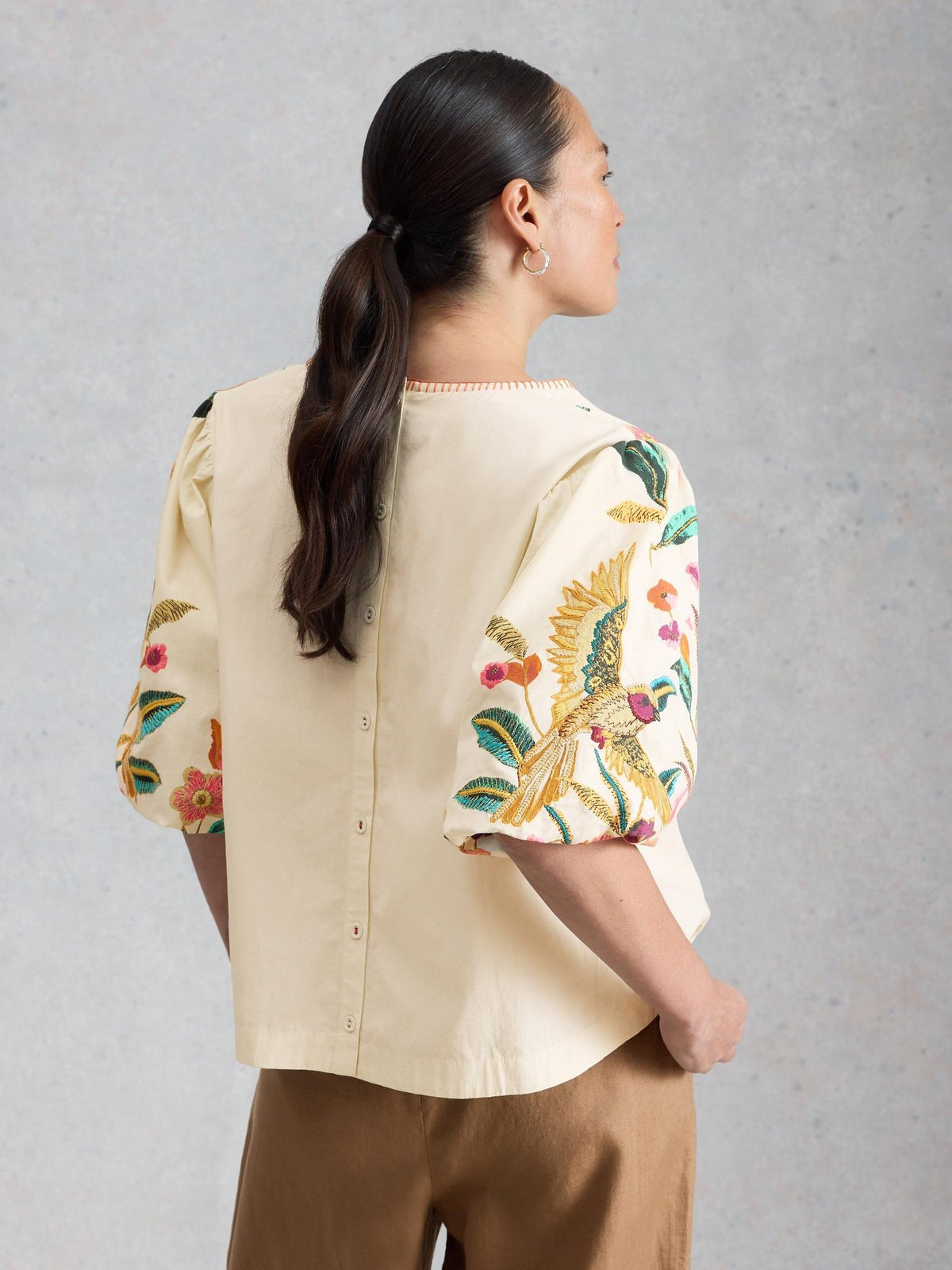 White Stuff Maeve Embroidered Top in ivory multi, back view - Pinkhill Darwin