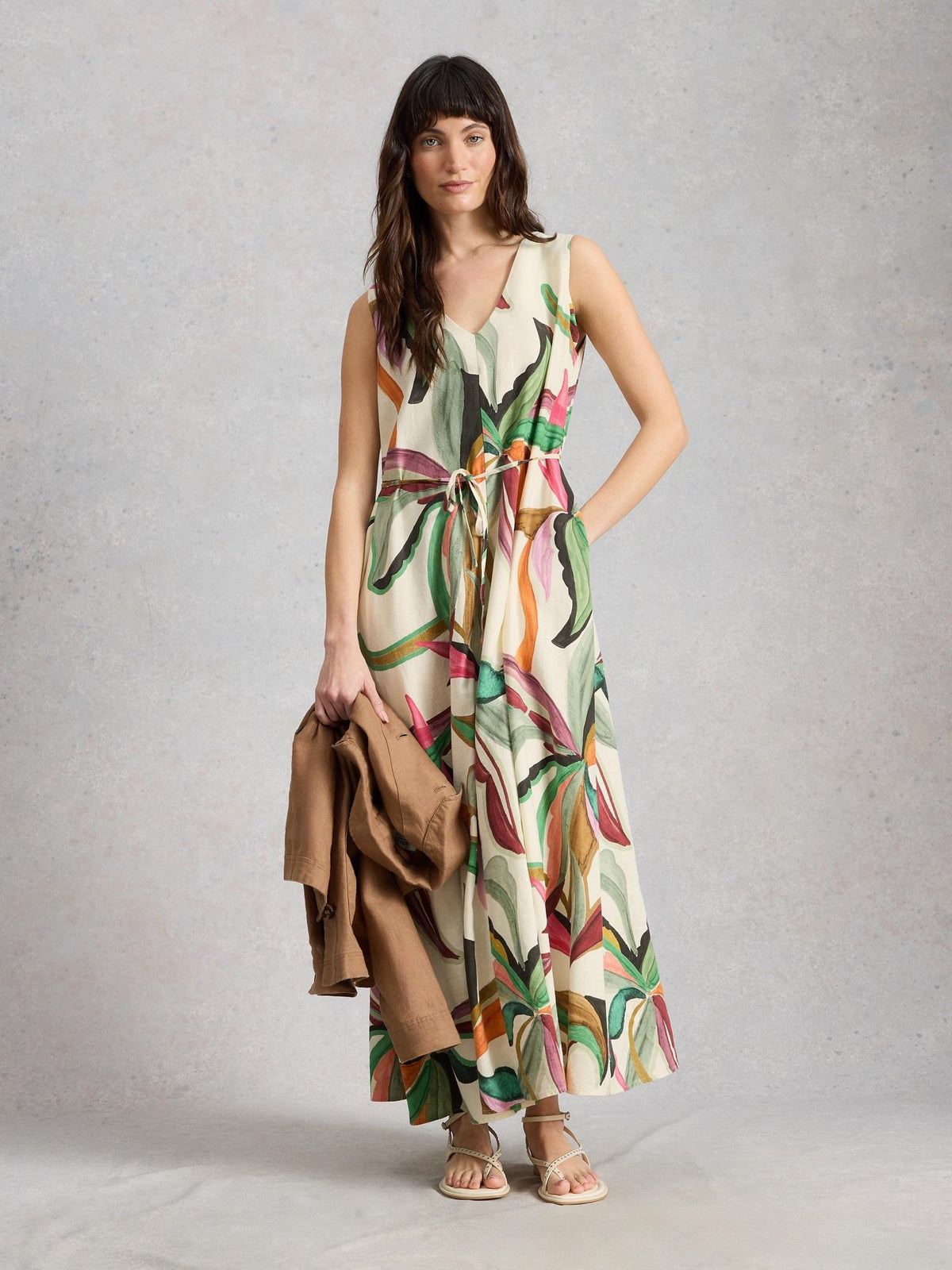 White Stuff Poppy Linen Blend Maxi Dress in natural print, front view - Pinkhill Darwin