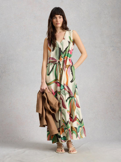 White Stuff Poppy Linen Blend Maxi Dress in natural print, front view - Pinkhill Darwin