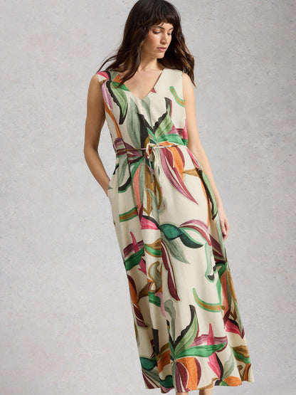 White Stuff Poppy Linen Blend Maxi Dress, close detail of the print - Pinkhill Darwin