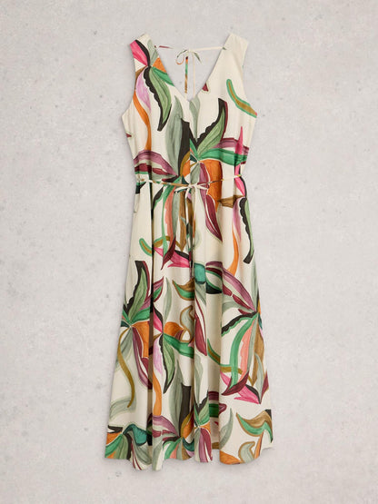 White Stuff Poppy Linen Blend Maxi Dress in natural print, flat front view - Pinkhill Darwin