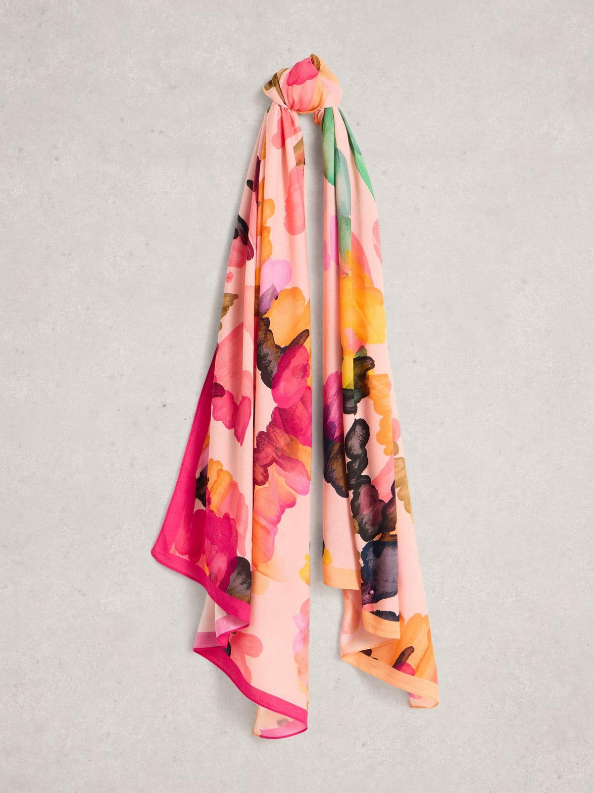 White Stuff Sophie Printed Scarf in pink multi, laid flat - Pinkhill Darwin