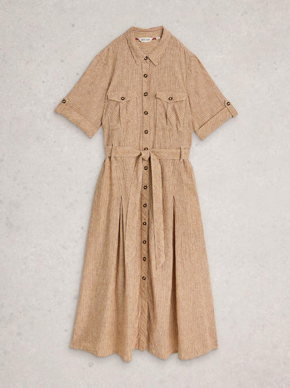 White Stuff Tiff Linen Blend Shirt Dress in natural multi, flat front view - Pinkhill Darwin