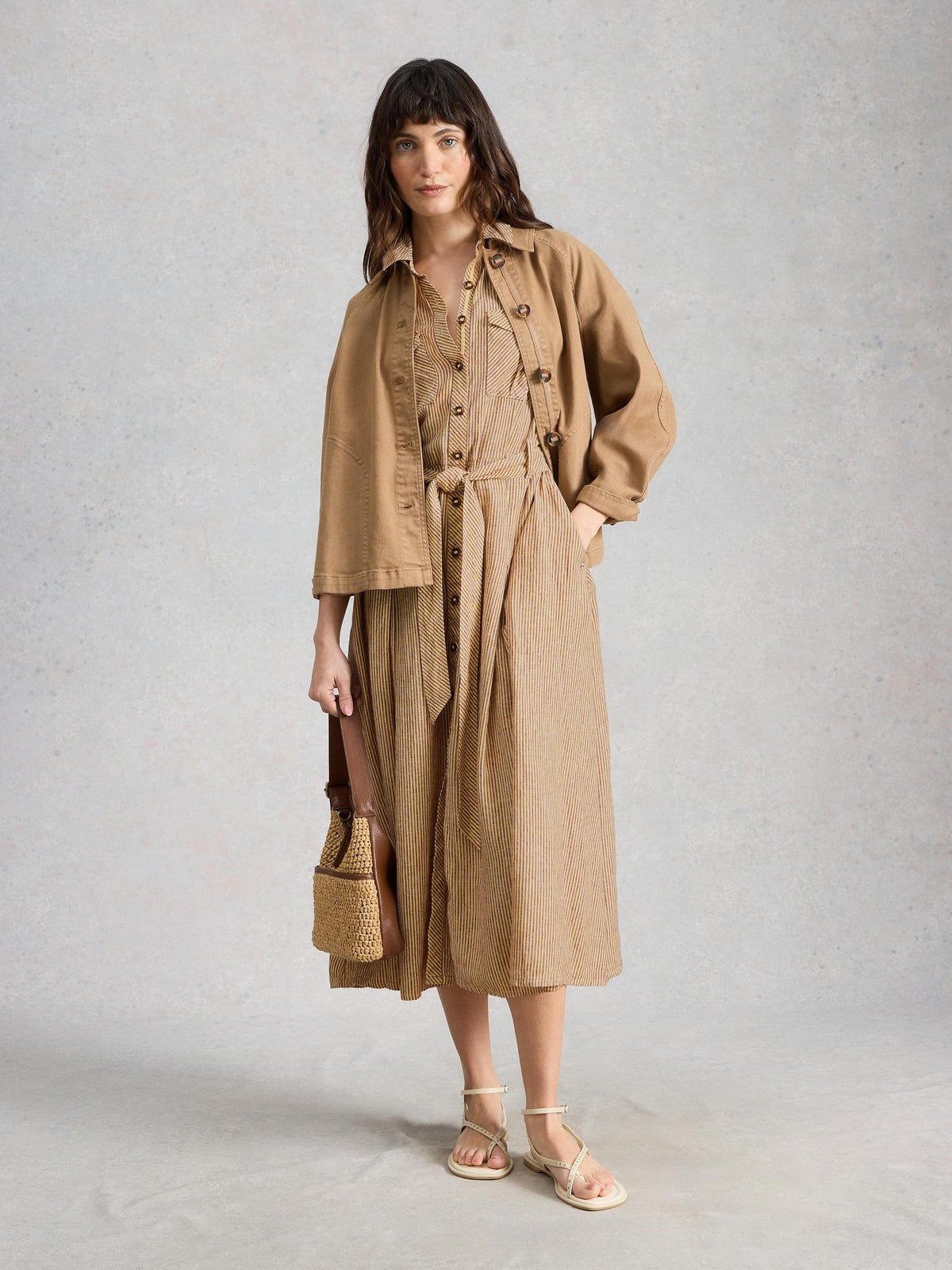 White Stuff Tiff Linen Blend Shirt Dress in natural multi, front view - Pinkhill Darwin