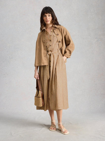 White Stuff Tiff Linen Blend Shirt Dress in natural multi, front view - Pinkhill Darwin