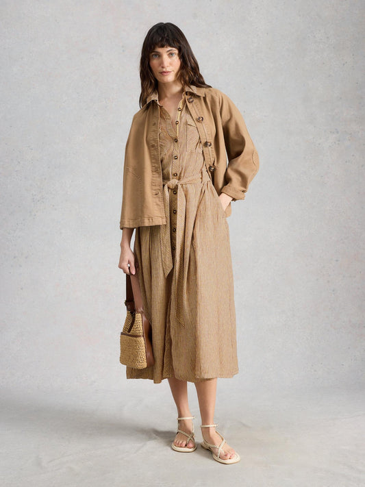 White Stuff Tiff Linen Blend Shirt Dress in natural multi, front view - Pinkhill Darwin