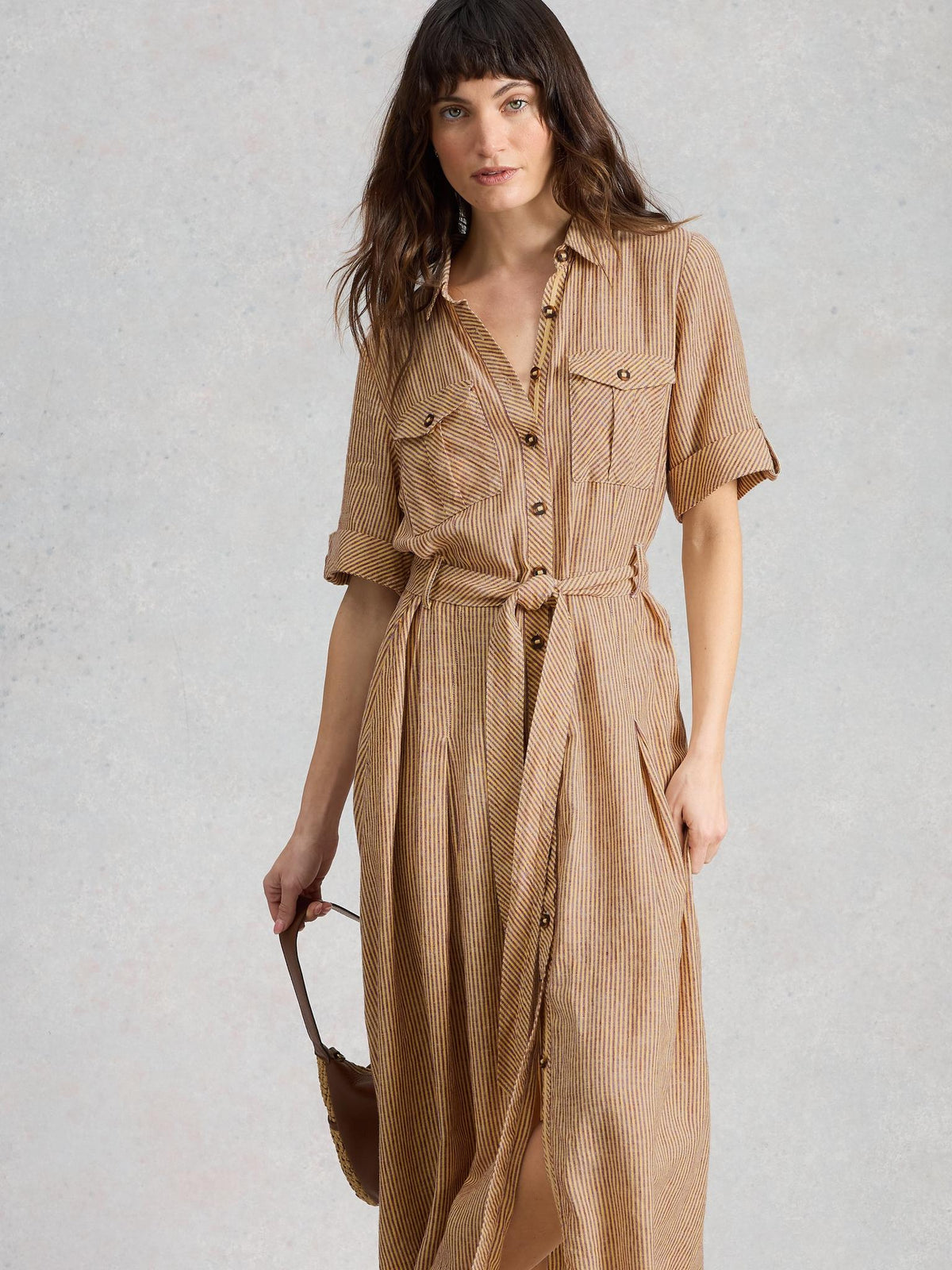 White Stuff Tiff Linen Blend Shirt Dress, close detail of the cargo pockets and roll-up sleeves - Pinkhill Darwin