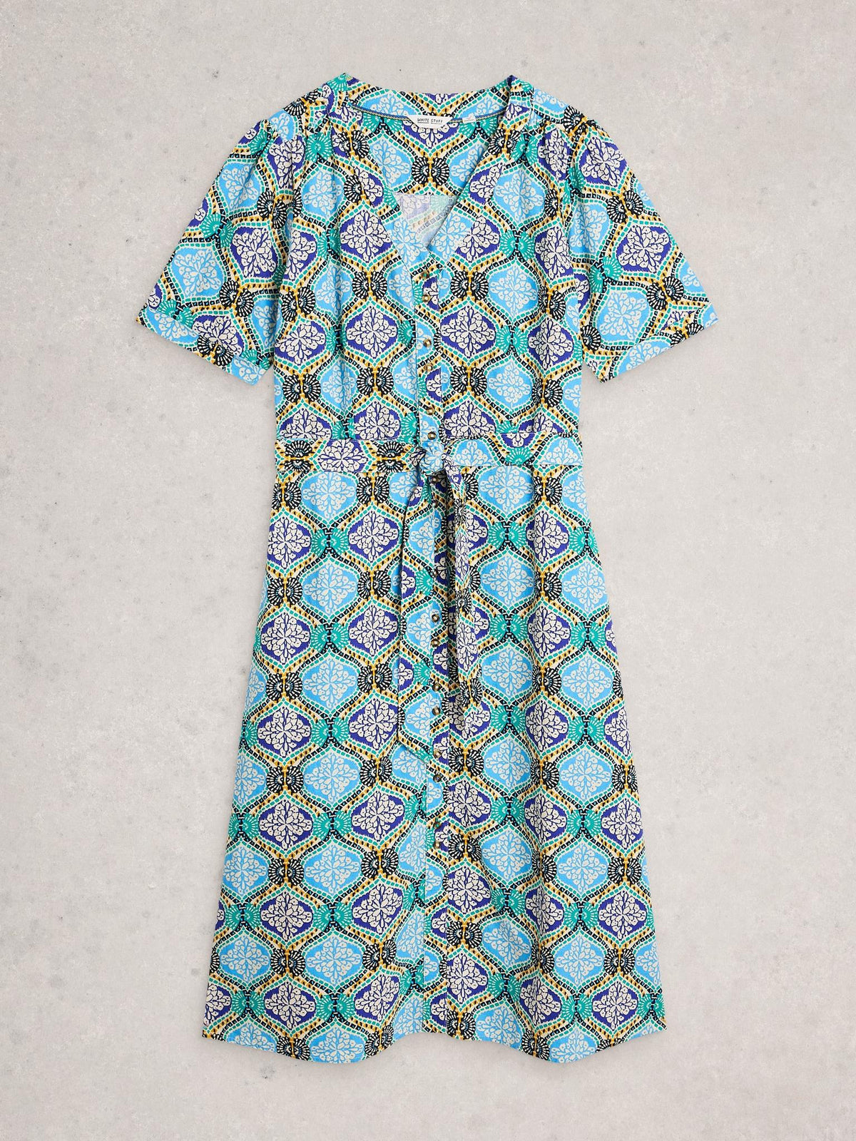 White Stuff Val Linen Blend Dress in blue print, flat front view - Pinkhill Darwin