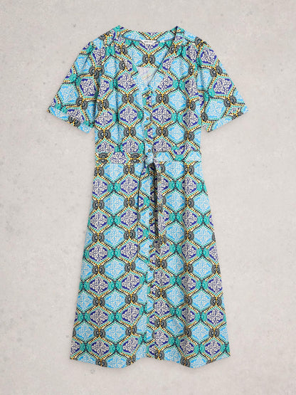 White Stuff Val Linen Blend Dress in blue print, flat front view - Pinkhill Darwin
